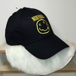 Nirvana Embroidered Smiley Black Cotton Adjustable Baseball Cap Unisex NWOT